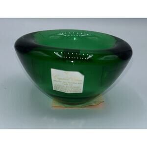 Vintage Crystal Clear Czech Republic handmade Green Thick Glass Votive Bowl New